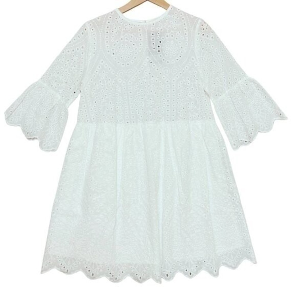 Anna Kaci Womens Eyelet Babydoll Mini Dress Size L 3/4 Bell Sleeves Cottagecore